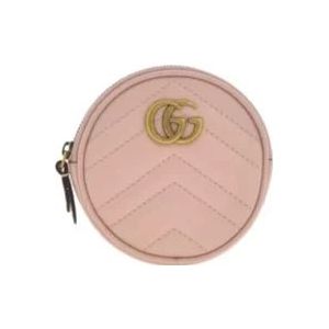 Gucci Ronde Roze Leren Portemonnee met Dubbel G Logo , Pink , Dames , Maat: ONE Size