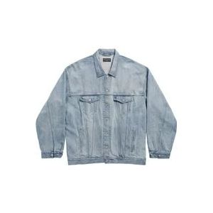 Balenciaga Denim Jacket Outback Blue Logo Print , Blue , Dames , Maat: M