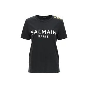 Balmain T-shirt met logo print en reliëf knopen , Black , Dames , Maat: M