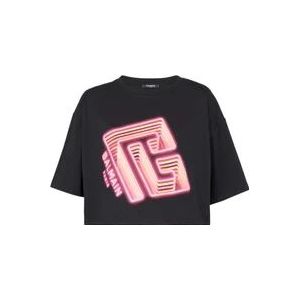Balmain Crop T-shirt met neon bedrukt labyrintlogo , Black , Dames , Maat: XS