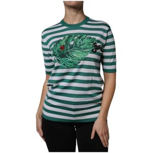 Dolce & Gabbana - Short Sleeve T-shirt - Wit - Gestreept Ontwerp met Blad Borduursel