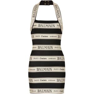 Balmain Jacquard halternek jurk met lintmotief , Black , Dames , Maat: 2XS