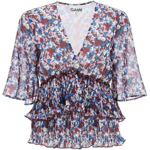 Ganni Blouse met Plooien en Bloemenmotief , Multicolor , Dames , Maat: S