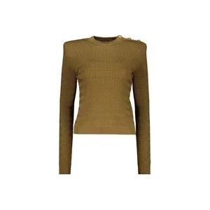 Balmain Geribbelde crew-neck trui met versierde knopen , Green , Dames , Maat: XS