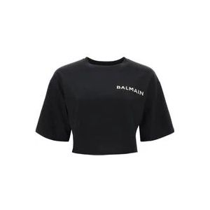 Balmain Cropped T-Shirt met Metallic Logo , Black , Dames , Maat: XS