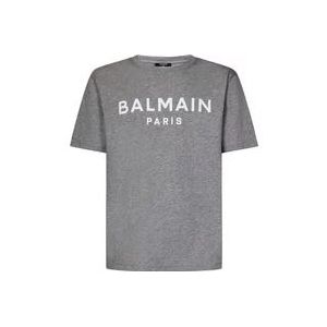 Balmain Grijze Melange Biologisch Katoenen T-Shirt met Logo Print , Gray , Heren , Maat: L