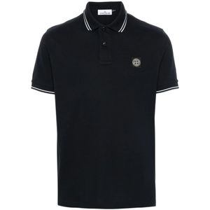 Stone Island - Cotton Polo - Blauw - Katoen - Witte Biezen op Kraag en Manchetten