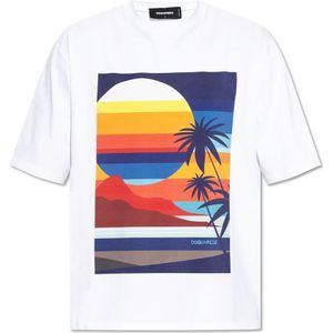 Dsquared 2 - T-Shirt - Wit - Katoen - Print met Strandmotief