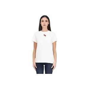 Pinko Witte T-shirt met korte mouwen en rode hart borduursels en logo print , White , Dames , Maat: L