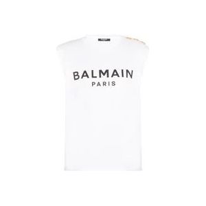 Balmain Katoenen T-shirt met logoprint , White , Dames , Maat: XS