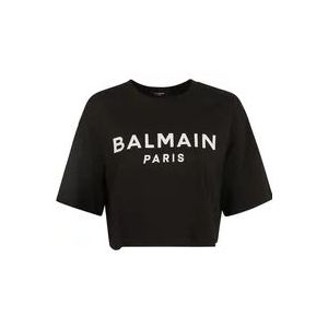 Balmain Logo-Print Crop T-shirt , Black , Dames , Maat: XS