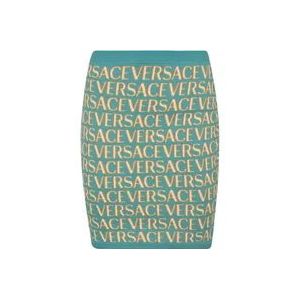 Versace Turquoise+Lichtblauwe Logo Print Rok , Multicolor , Dames , Maat: XS