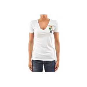 Dsquared2 Wit Katoenen Logo T-Shirt met Multikleurige Papegaai , White , Dames , Maat: L