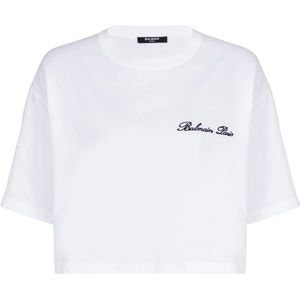 Balmain T-shirt met handtekeningborduursel , White , Dames , Maat: L
