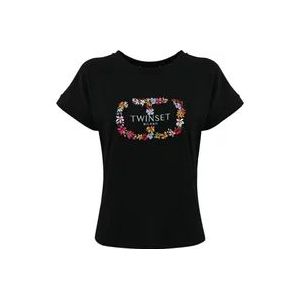 Twinset Zwarte Twin-set T-shirt met geborduurd bloemmotief , Black , Dames , Maat: 2XS