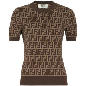 Fendi Bruine Jacquard gebreide trui met ronde hals , Brown , Dames , Maat: 3XS