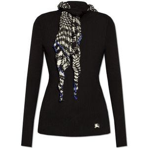 Burberry - Turtleneck - Zwart - Geribbelde Knit - Lange Mouwen - Zijden Sjaal met Check Patroon