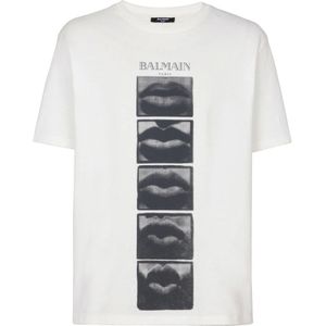 Balmain T-shirt met vintage Balain Lips print , White , Heren , Maat: S