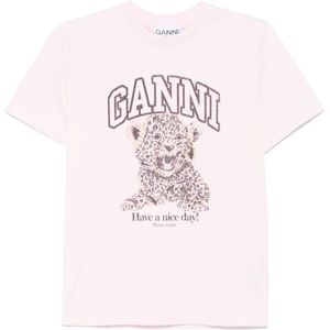 Ganni Leopard Logo Pink T-shirt , Pink , Dames , Maat: M