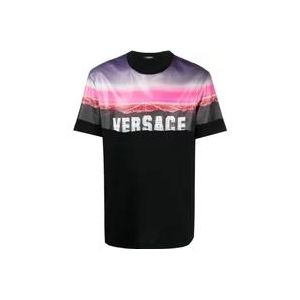 Zwarte Jersey Katoenen T-shirt met Versace Hills Print , Black , Heren , Maat: S