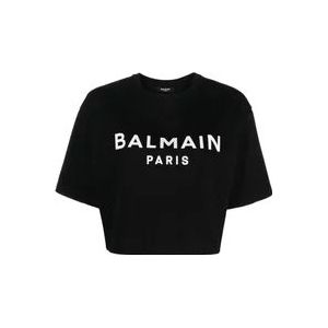 Balmain Logo Print Katoenen T-Shirt , Black , Dames , Maat: S