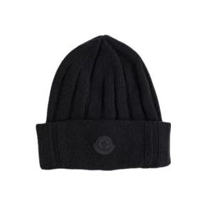 Moncler Zwarte wollen beanie met logo patch , Black , unisex , Maat: ONE Size