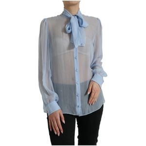 Dolce & Gabbana - Elegante Zijden Blouse - Lichtblauw - Dames - Ascot Kraag