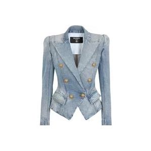 Balmain Slim-fit vervaagde denim getailleerde jas , Blue , Dames , Maat: S