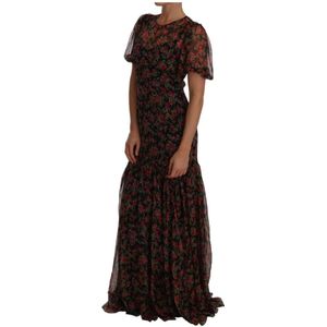 Dolce & Gabbana - A-lijn Volledige Lengte Jurk - Zwart - 100% Zijde - Rode Rozenprint