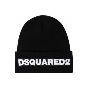 Dsquared2 Zwarte Logo Beanie Gebreide Wol , Black , Heren , Maat: ONE Size