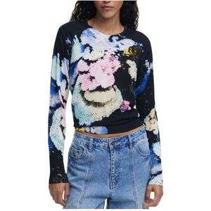 Desigual - Floral Pattern - Gebreide Trui - Blauw - Lange Mouwen - Ronde Hals