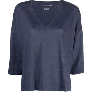 Majestic Filatures, Dames, Blouses & Shirts, Blauw, Maat: L Linnen,
