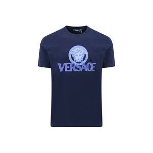 Versace Iconisch Print Jersey Katoenen T-Shirt , Blue , Heren , Maat: L