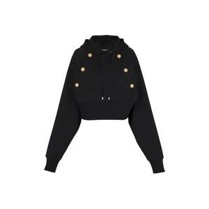 Balmain Eco-verantwoord cropped katoenen sweatshirt met gouden knopen , Black , Dames , Maat: XS