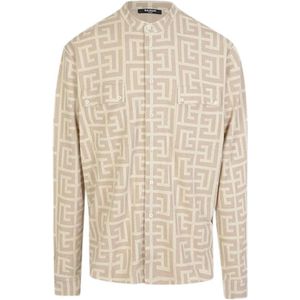 Balmain Dik Beige Shirt met Textuur en Monogramprint , Beige , Heren , Maat: M