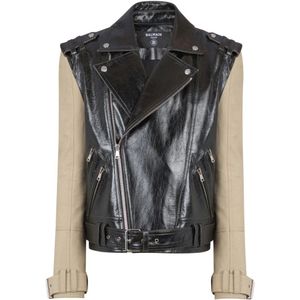 Balmain Leren en katoenen motorjack , Black , Heren , Maat: M