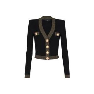 Balmain Cropped knit cardigan with gold trim , Black , Dames , Maat: M