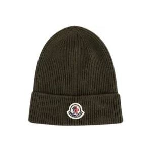 Moncler Khaki wollen beanie met logo patch , Green , unisex , Maat: ONE Size