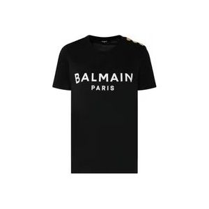 Balmain Zwart en wit logo print T-shirt , Black , Dames , Maat: L