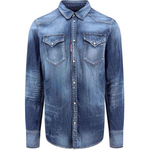 Dsquared2 Blauwe Overhemd met Puntkraag en Drukknoopsluiting , Blue , Heren , Maat: L