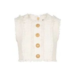 Balmain Tweed crop top met knopen , White , Dames , Maat: 2XS