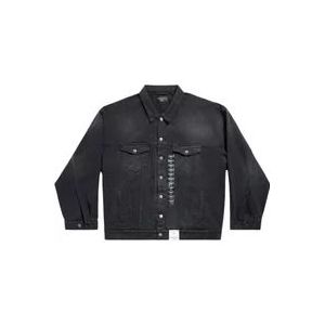 Balenciaga Zwarte gebleekte jas met appliqué logo , Black , Heren , Maat: M