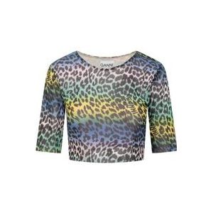 Ganni Dierenprint Cropped T-Shirt , Multicolor , Dames , Maat: XS