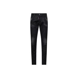Dsquared2 Slim-fit Zwarte Jeans met Leren Logo Patch , Black , Heren , Maat: S