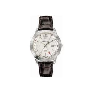 Versace Bruin Lederen Zilver Stalen GMT Horloge , Multicolor , Heren , Maat: ONE Size