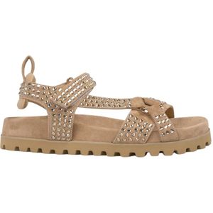 Alma EN Pena - Dames Sandalen - Beige - Platte Sandaal met Twee Stroken Stras - Vierkante Teen - Gespsluiting