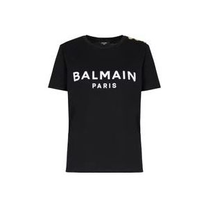 Balmain Wit Logo Print Crew Neck T-Shirt , Black , Dames , Maat: S
