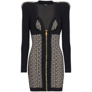 Balmain Gebreide bodycon jurk met monogram , Black , Dames , Maat: XS