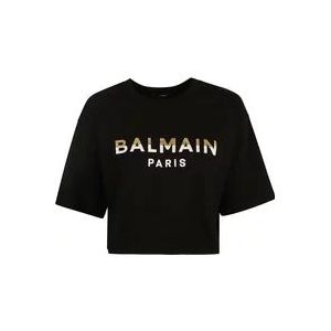 Balmain Logo Print Cropped T-Shirt Noir , Black , Dames , Maat: XS