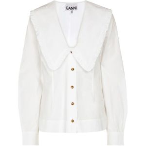 Ganni Ruffled Bib Collar Cotton Shirt , White , Dames , Maat: L